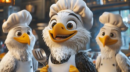 Fototapeta premium Cheerful Cartoon Eagle Chef with Spatula in Vibrant Kitchen Scene of a cartoon style eagle wearing a chef s uniform and holding a spatula with a welcoming smile