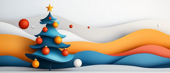 Obraz premium Abstract christmas tree with swirling patterns and festive ornaments in a vibrant landscape