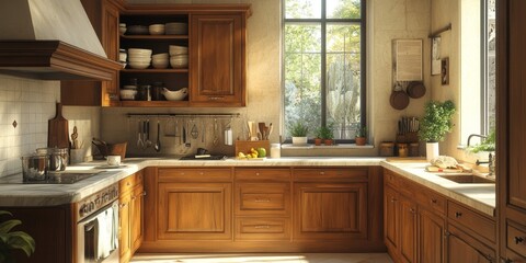 Rustic Kitchen Interior Design with Wooden Cabinets and Natural Light