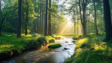 Fototapeta premium Serene forest landscape with dappled sunlight filtering through trees, casting reflections on a gentle stream in a peaceful natural setting.