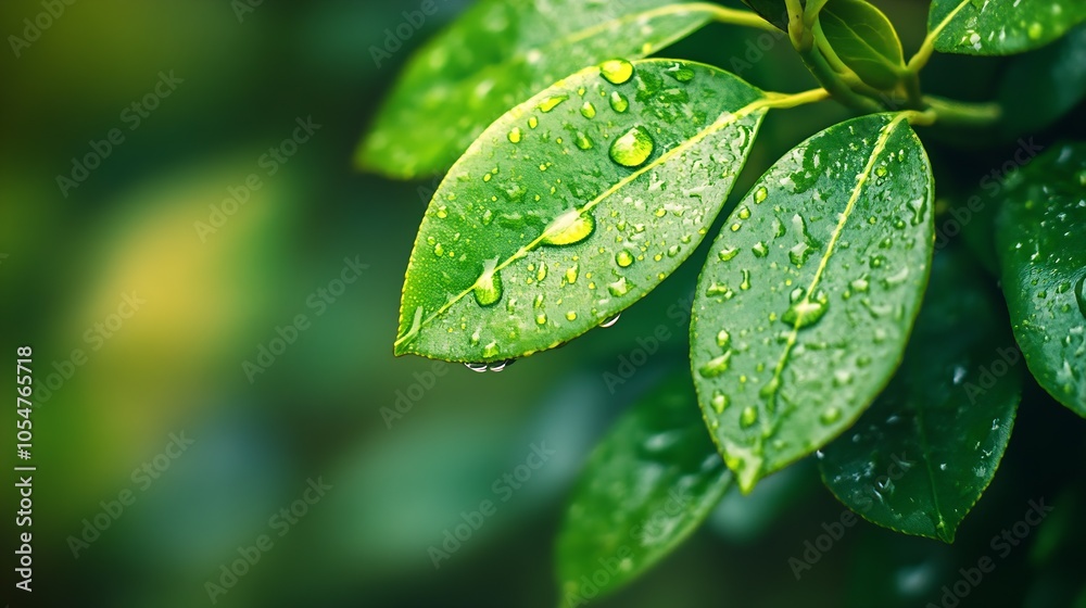 Poster CloseUp of Fresh Green Leaves with Dewdrops Creating a Natural and Refreshing Botanical Scene : Generative AI
