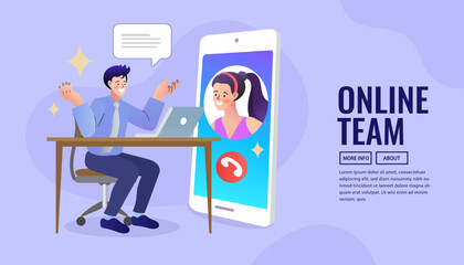 Online team communication concept. A man at a desk has a video call with a female colleague on a smartphone screen. Vector for remote work, virtual meetings, and collaboration.