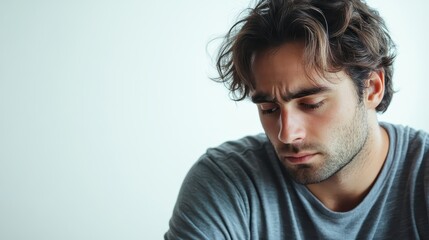 Fototapeta premium Sad Man Staring Down with Pensive Expression