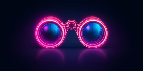 Neon binoculars glowing in dark background symbolizing vision and exploration