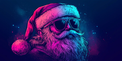 Cool santa claus wearing sunglasses and christmas hat in a neon style portrait