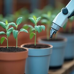 A robotic arm tending to young plants in pots, showcasing automation in gardening.