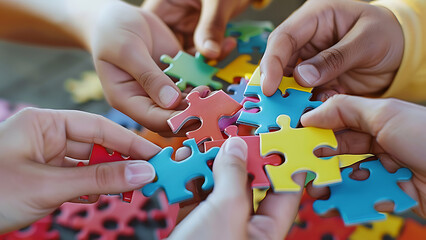 Group of people assembling colorful puzzle pieces