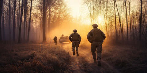 Squad of soldiers running in forest at sunrise during military operation