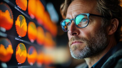 Middle-aged man analyzing financial data on digital screen in office during afternoon