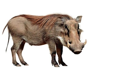 Warthog are pigs who live in semi open habitats, arid regions, in sub Saharan Africa. Know from two species the desert - Phacochoerus aethiopicus - and common P. africanus. Isolated white background