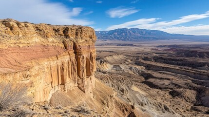 Fototapeta premium A panoramic view of a desert landscape with a cliff face, canyons, and mountains in the distance.
