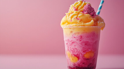 vibrant, colorful crushed ice slushy drink in a transparent cup, showcasing bright layers. The empty cup symbolizes refreshment, summer fun, and the joy of enjoying cool beverages