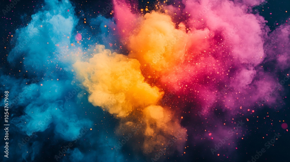 Poster vibrant explosion of multicolored powder in dramatic abstract art : generative ai