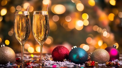 Festive Champagne Toast with Christmas Ornaments and Twinkling Lights in Background : Generative AI