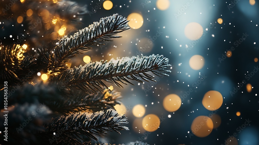 Aufkleber enchanting festive fir branches with warm bokeh lights and falling snow in quiet winter night : gene
