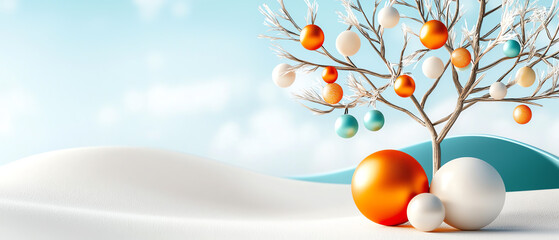 Vibrant and modern new year greeting card design featuring a colorful tree and decorative orbs