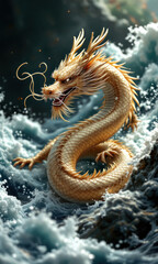 Obraz premium Golden Dragon in Foaming Sea