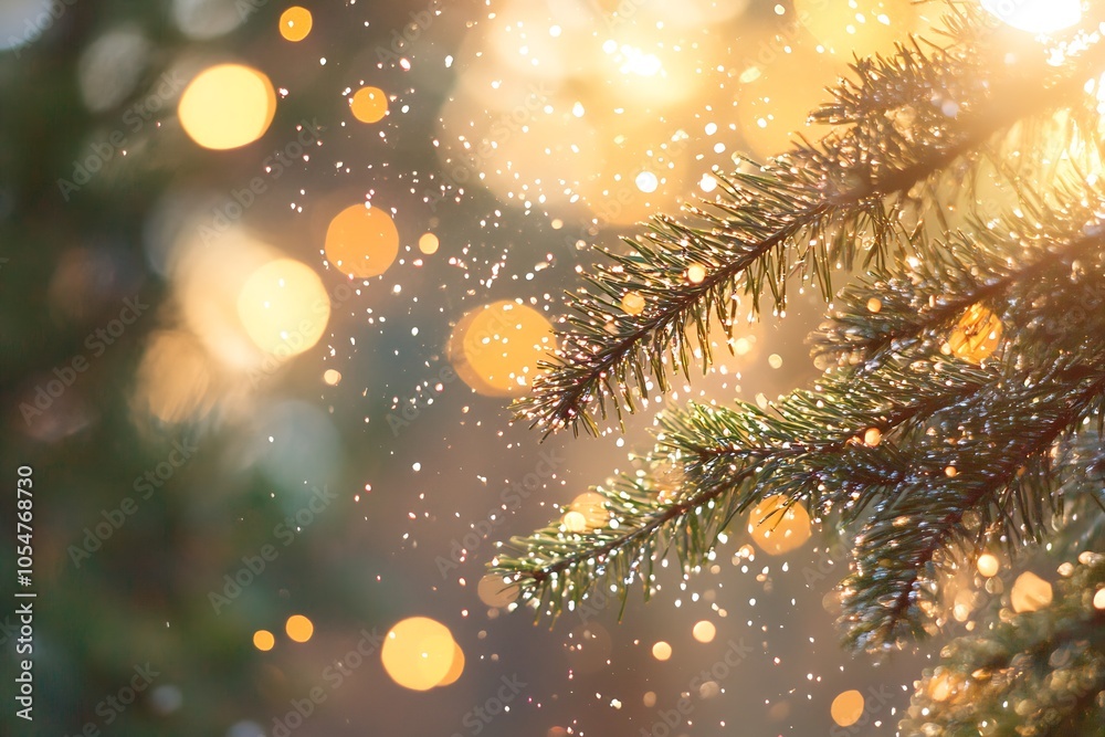 Poster magical winter scene with evergreen branch and golden bokeh lights : generative ai