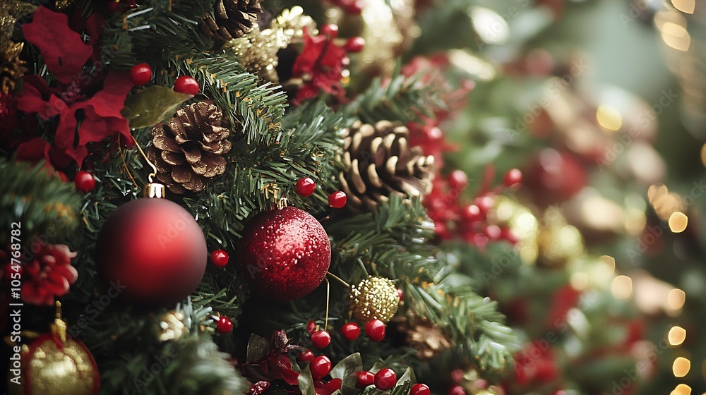 Poster luxurious christmas tree with elegant red and gold ornaments and pinecones : generative ai