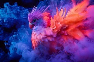 Majestic Rainbow Colored Bird Surrounded by Swirling Vibrant Smoke on Dark Background : Generative AI