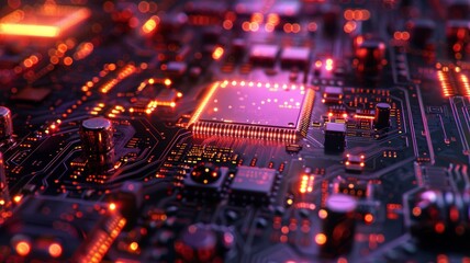 Obraz premium Close-up of a Glowing Microchip on a Circuit Board with Red and Orange Lights