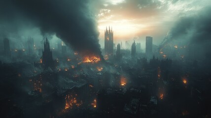 Obraz premium A devastated cityscape engulfed in flames and smoke.