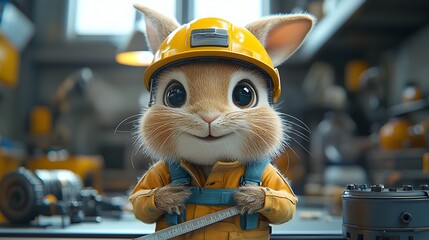 Fototapeta premium A cheerful 3D cartoon rabbit engineer with a measuring tape and helmet standing in a bright and organized workspace appearing eager and skilled with ample copy space