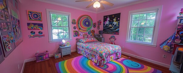 Bright and Colorful Cute Girls Room with Rainbow Decor, Unicorn Posters, and Vibrant Wall Art