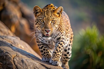 Fototapeta premium Portrait of a leopard in nature. Generative AI.