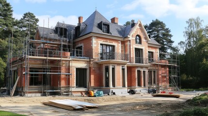 Obraz premium A partially constructed mansion with scaffolding and construction materials around it.