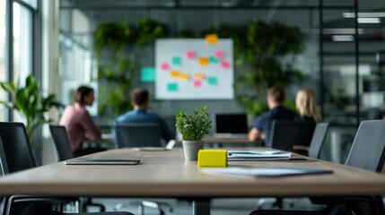 Team brainstorming session in a modern office space