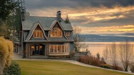 A picturesque lakeside home at sunset, showcasing elegant architecture and serene surroundings.