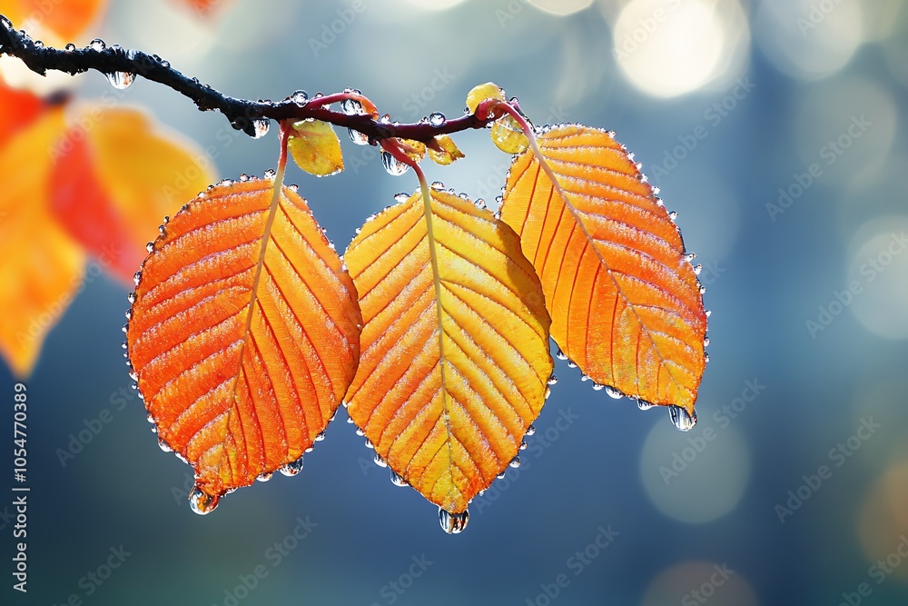 Poster colorful autumn leaves with dew drops in atmospheric backdrop : generative ai