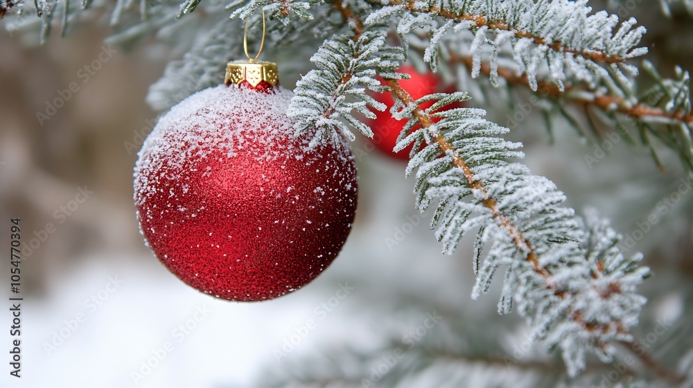 Poster snowdusted red christmas ornament hanging on frosty tree branch : generative ai