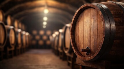 Rustic wine barrels in a dimly lit cellar