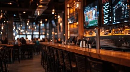 Modern bar interior with lively atmosphere and sports screens