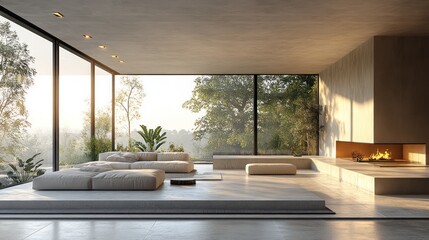 Fototapeta premium Modern living room with large windows and natural light.