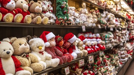 Fototapeta premium Luxurious Display of Assorted Plush Teddy Bears in Christmas Themed Retail Store : Generative AI