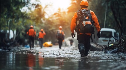 Firefighters in uniform with safety equipment in emergency situation. Firefighter and fireman team in action.