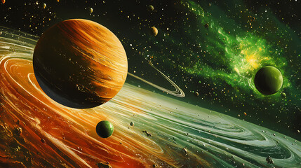 Red planet in foreground, green planet in background - artist's solar system rendition. Solar System Map. Illustration