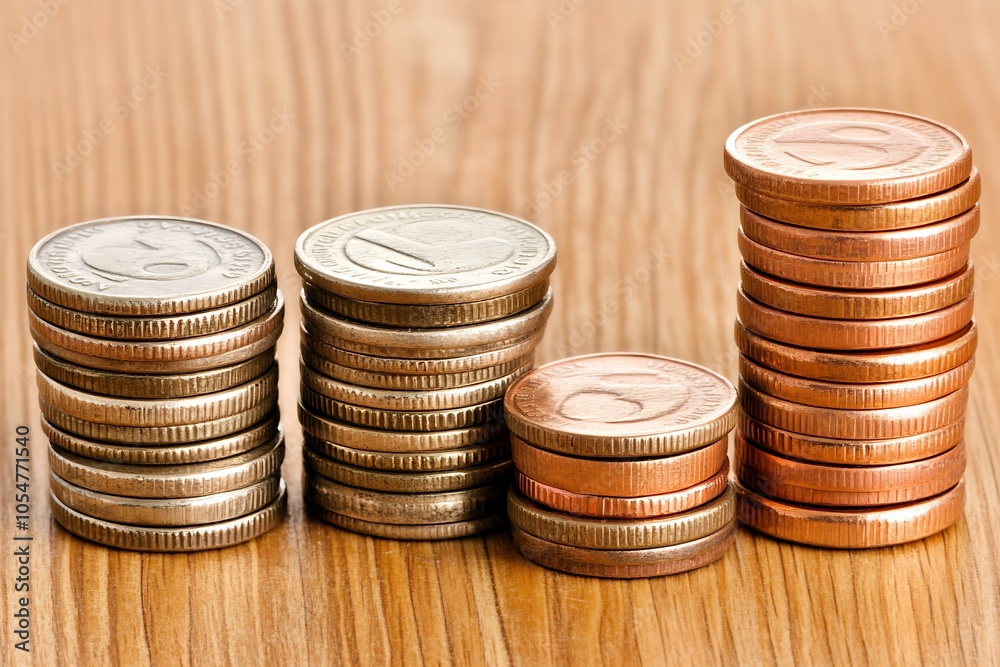 Leinwandbilder Multiple Stacks of Assorted Coins Neatly Arranged on a Wooden Surface for Financial and Savings Theme : Generative AI