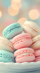 Obraz premium A plate of macarons with different colors. The plate is white and the macarons are blue, pink, and white