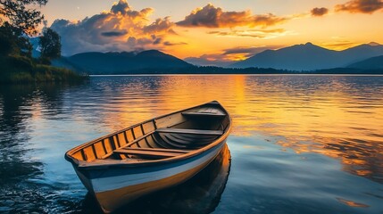 Picturesque Lake at Sunset with Rustic Rowboat and Mountains in Distance : Generative AI