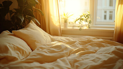 A bed with two pillows and a plant in a window. The bed is unmade and the curtains are open, letting in sunlight. Scene is peaceful and relaxing