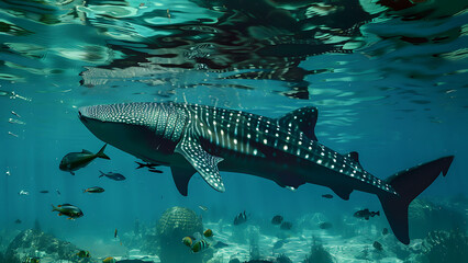 Whale shark swimming among marine life in blue ocean