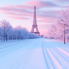 A serene winter scene featuring the Eiffel Tower surrounded by snow-covered trees.