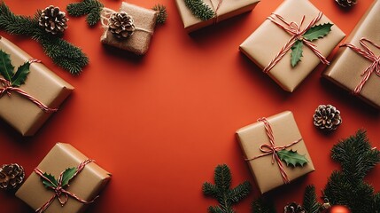 Festive Holiday Presents with Greenery and Pinecones on Vivid Red Background : Generative AI