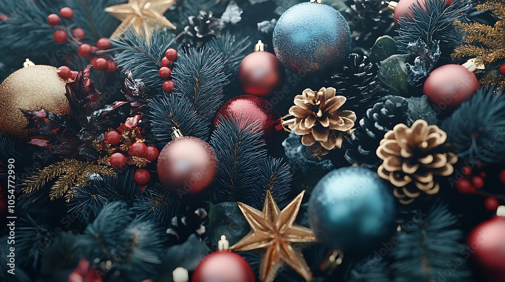 Poster Assorted Christmas Ornaments with Pinecones and Holly on Dark Background : Generative AI