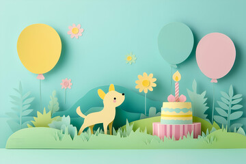 Obraz premium Cute paper-cut illustration of a dog celebrating a birthday with balloons and a cake in a grassy meadow
