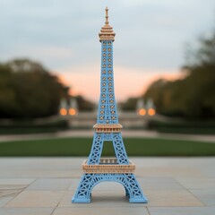 A blue model of the Eiffel Tower displayed outdoors at sunset.